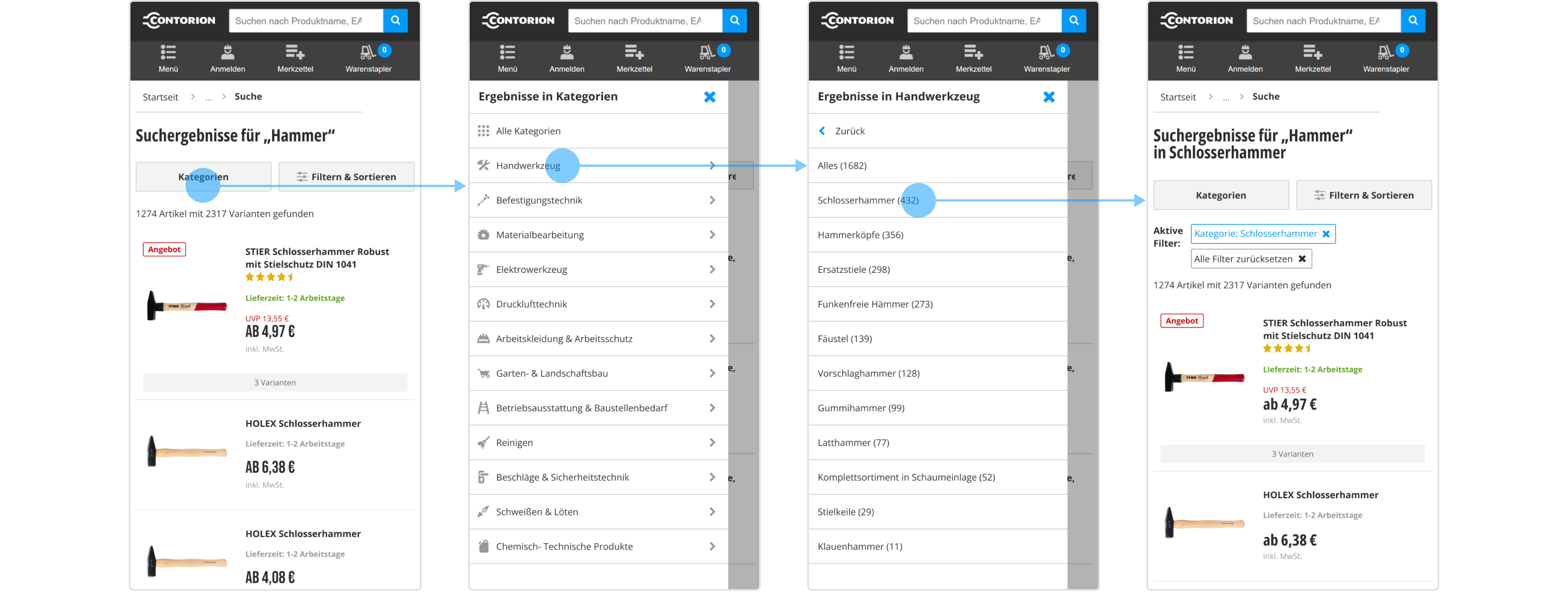 userflow of search result page filters on mobile