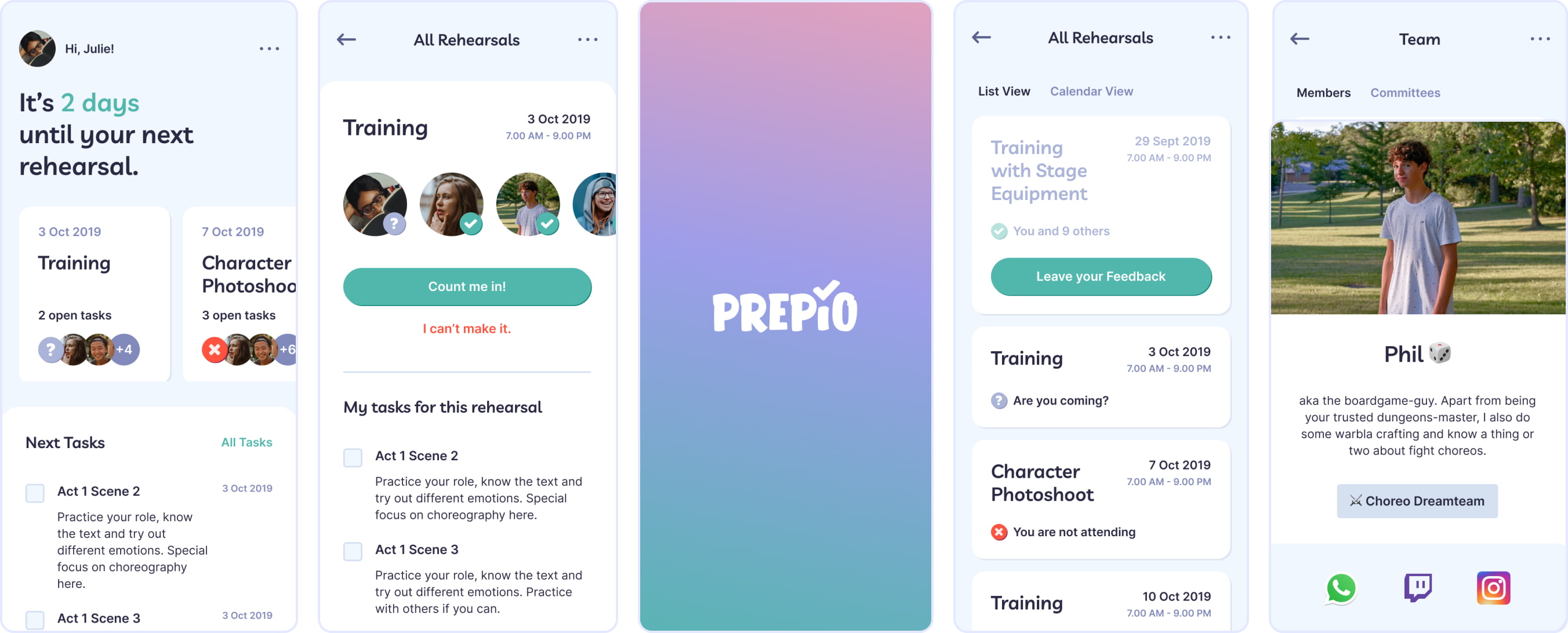 Screens of the Prepio App: loadingscreen, homescreen, rehearsal page in soft playful colors